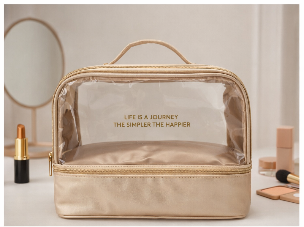 Beige cosmetic bag with motivational quote on a neutral background