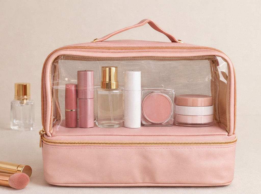 Pink cosmetic bag with clear top containing various makeup items on a beige background