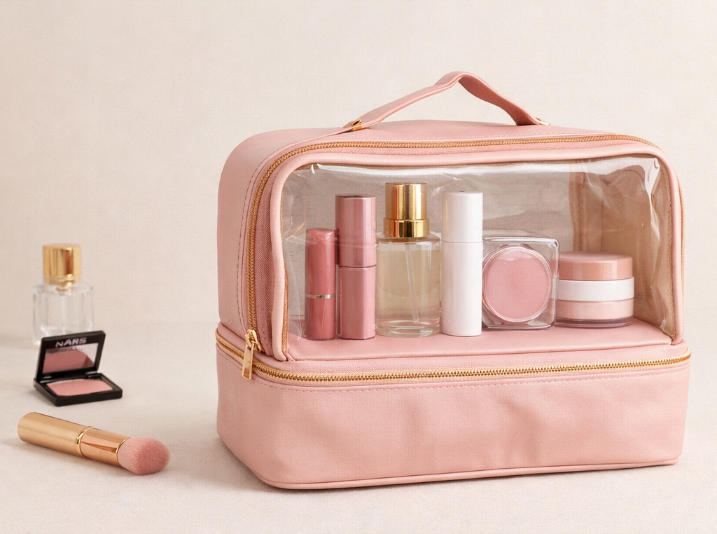 Pink cosmetic bag with makeup items on a beige background