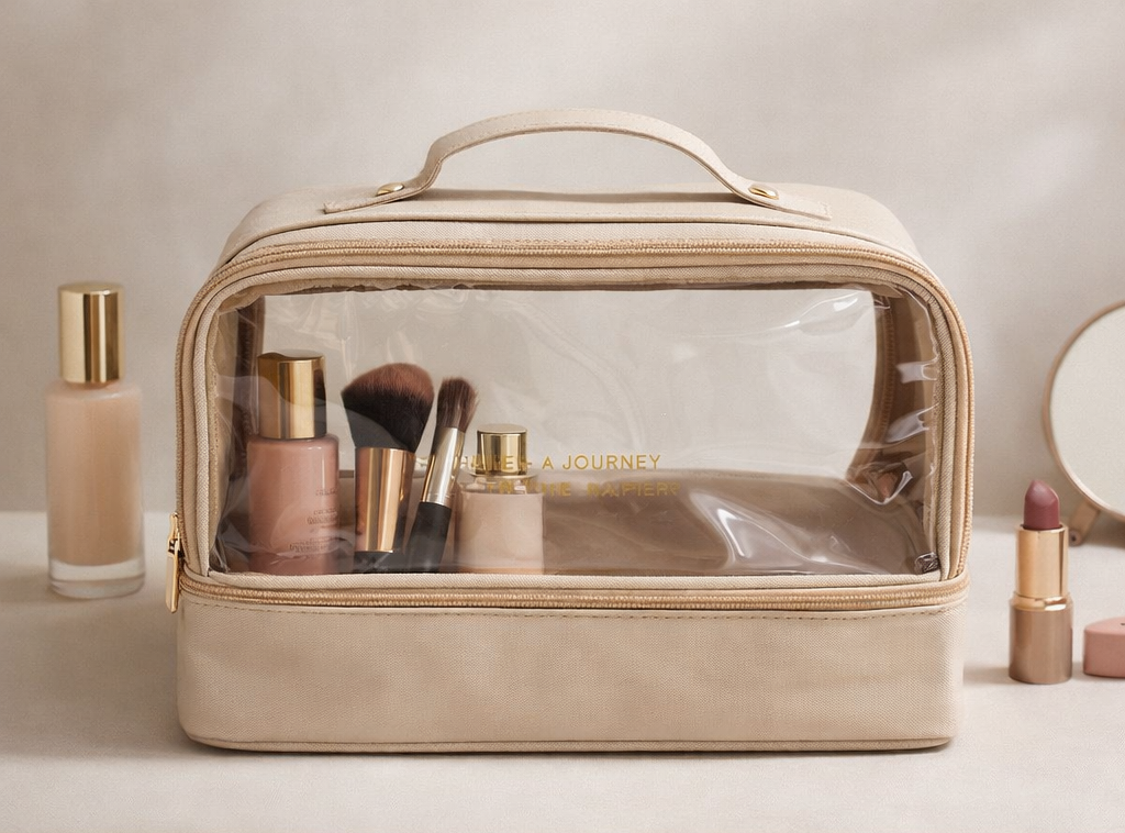 Beige travel makeup bag with clear front compartment containing various cosmetic items on a light background.