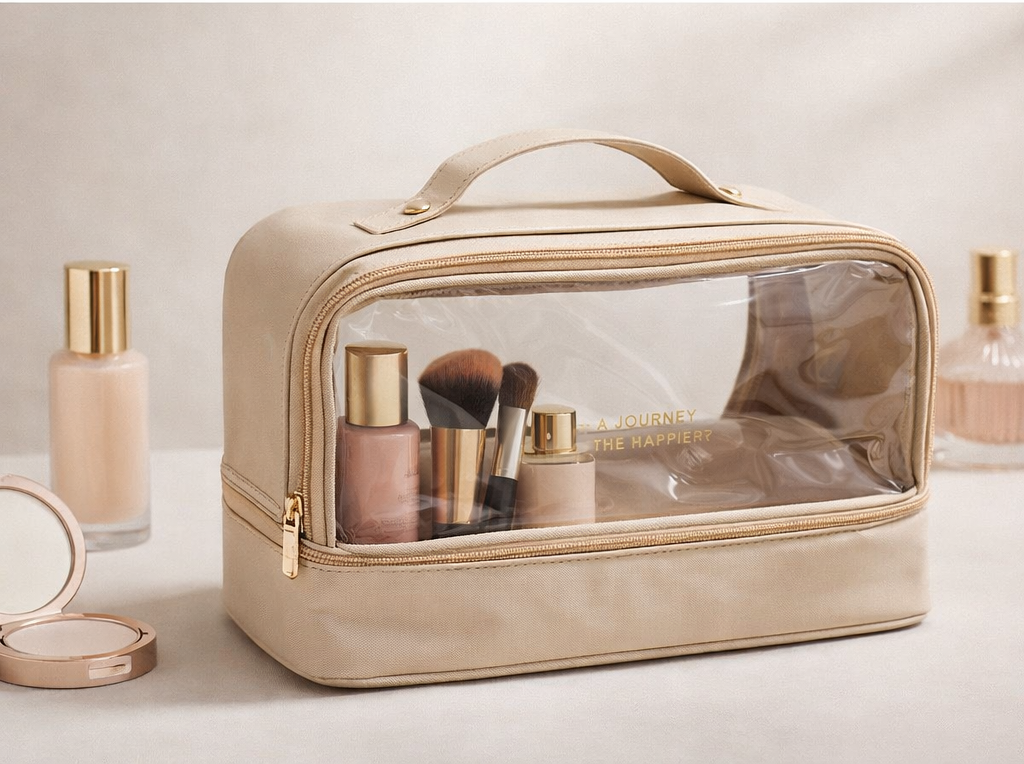Beige cosmetic bag with makeup items on a light background