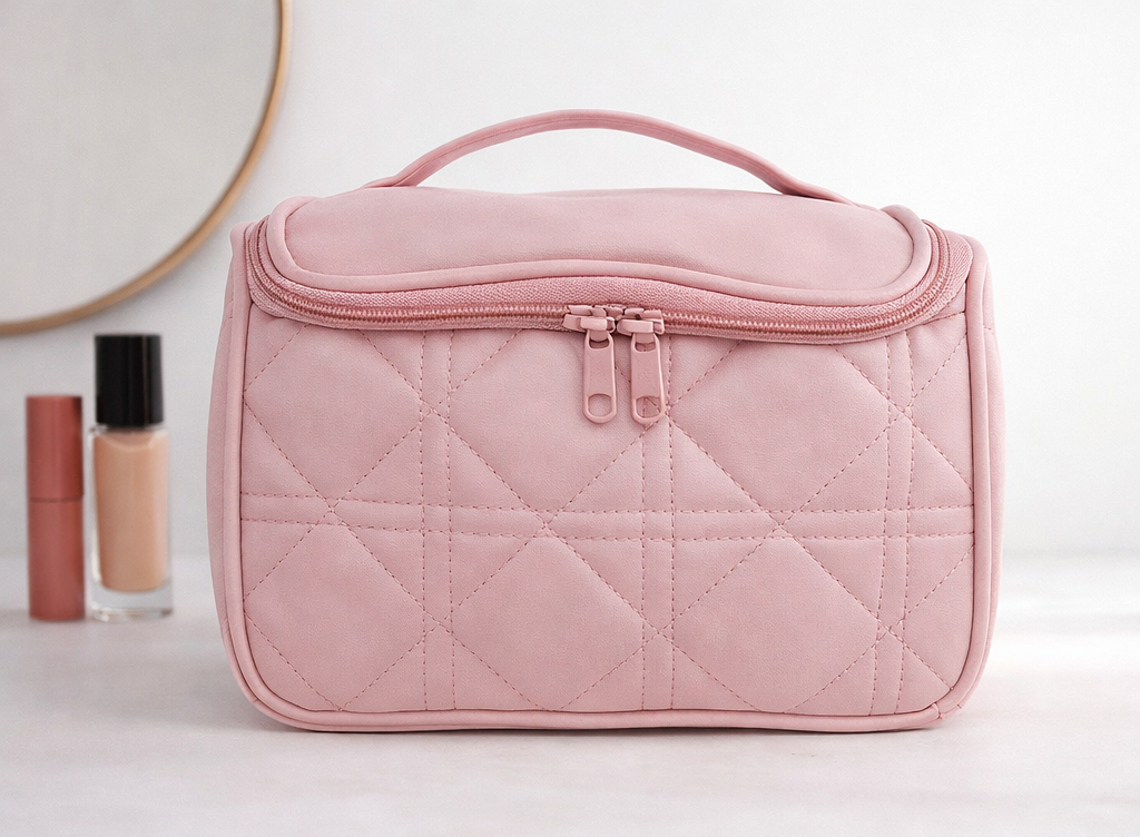 Pink quilted beauty case, front view on a light background