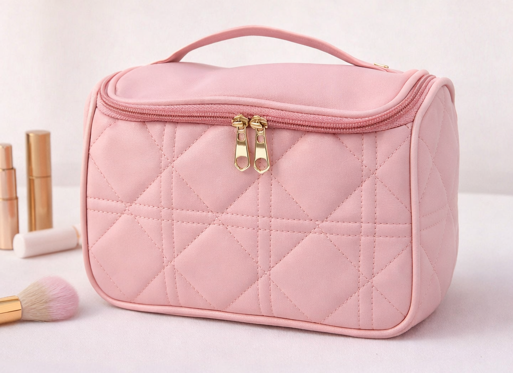 Pink quilted beauty case with makeup items, front view
