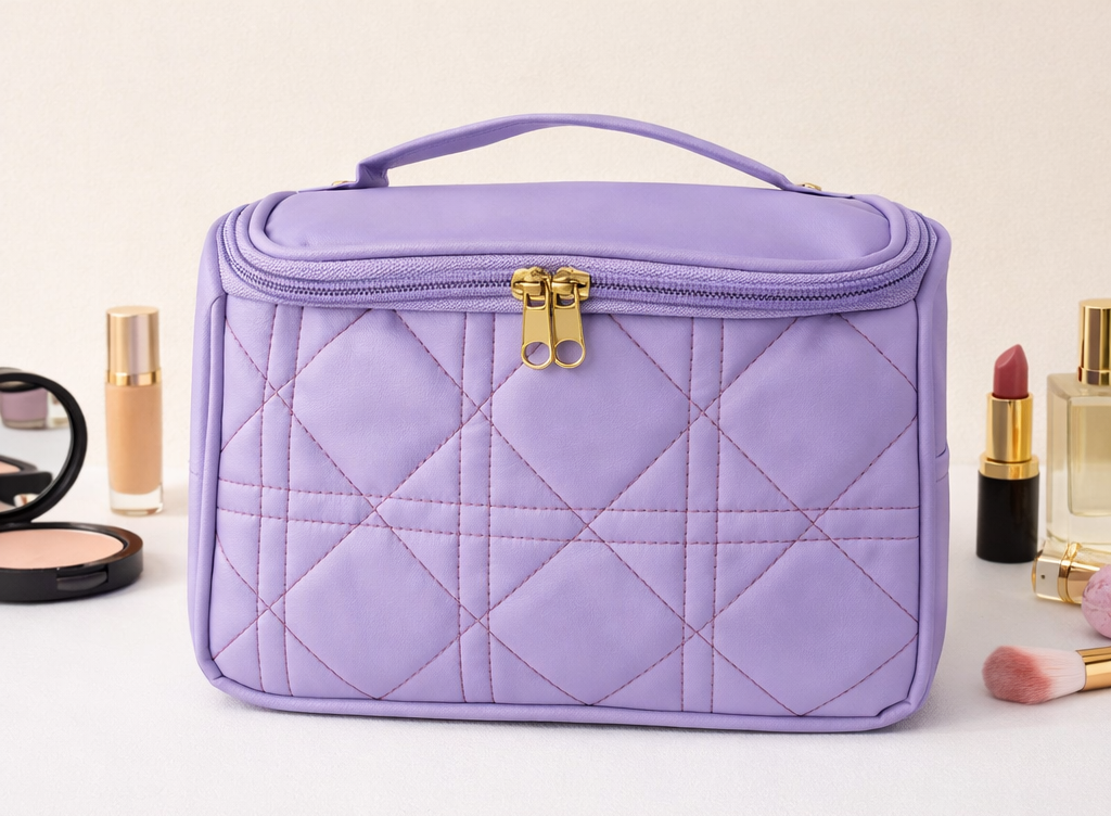 Lavender quilted beauty case with makeup items on a light background