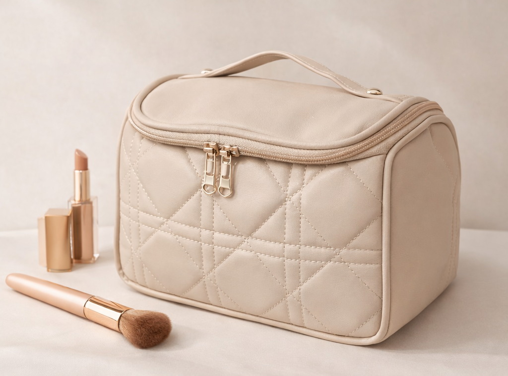 Beige quilted beauty case with makeup items, front view