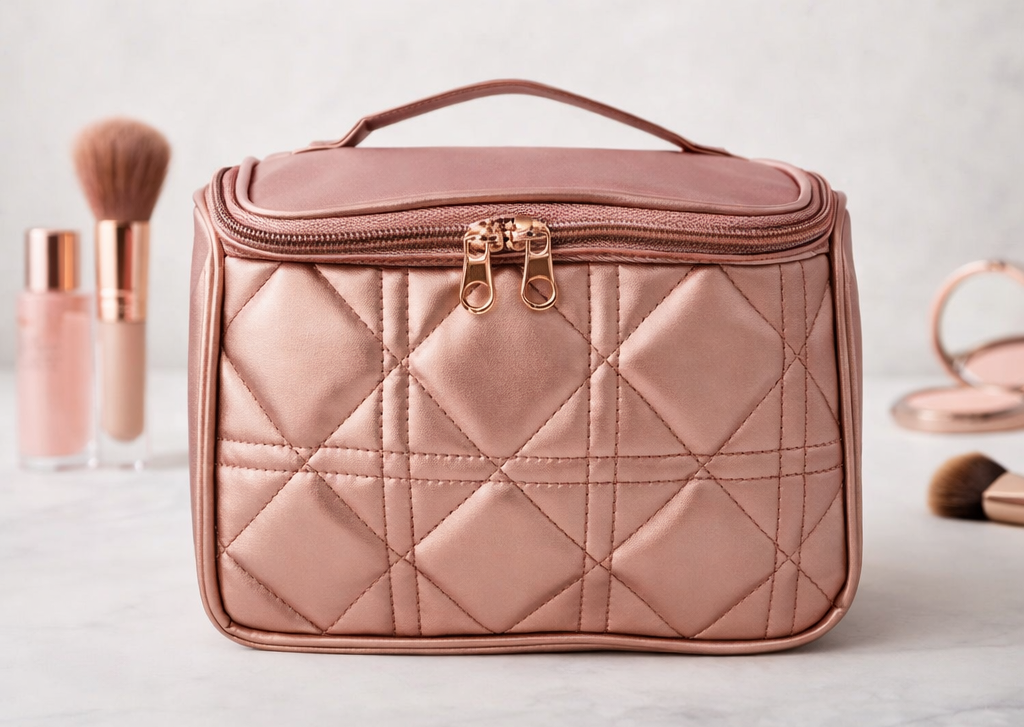 Rose gold quilted beauty case, three-quarter front view