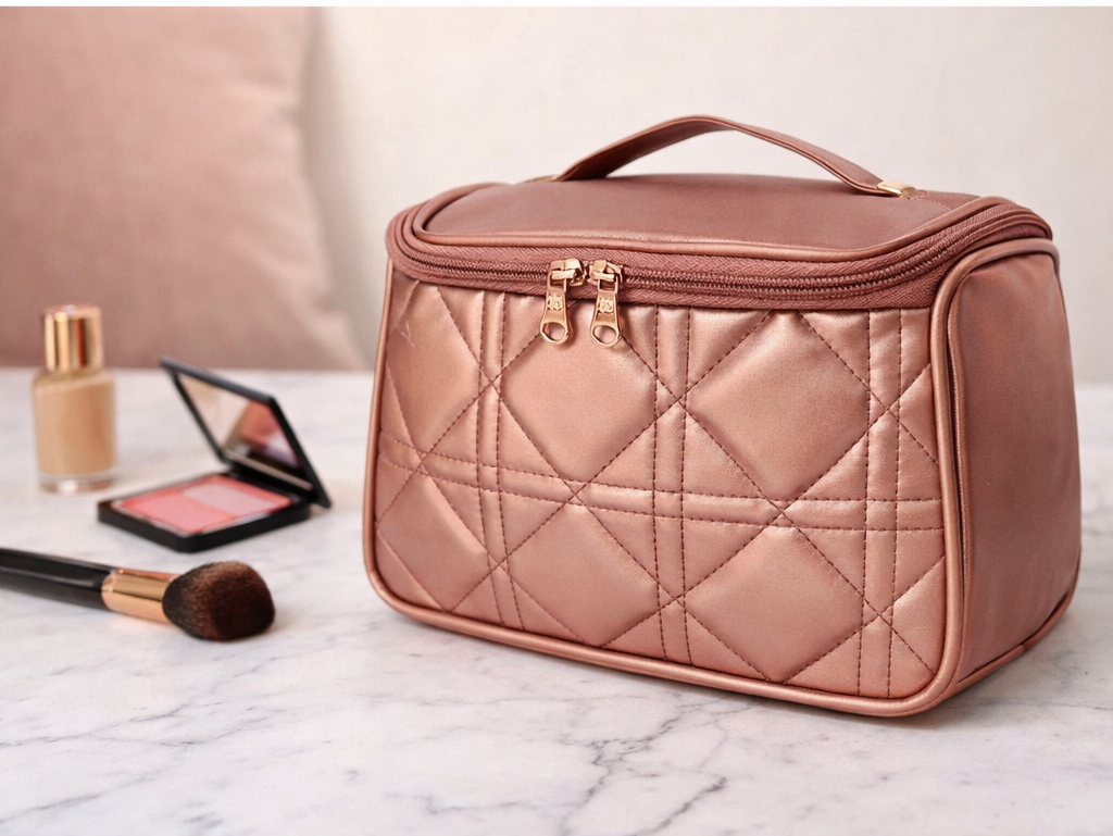 Rose gold quilted beauty case, detail view