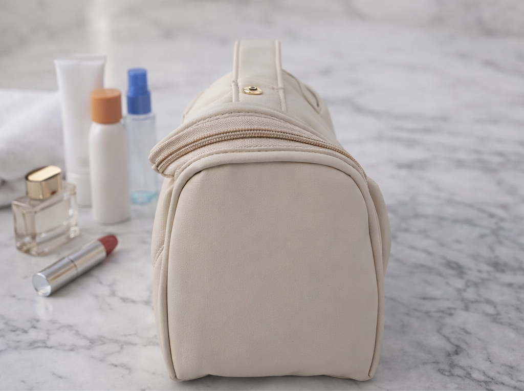 Beige quilted beauty case with cosmetic items on a marble surface