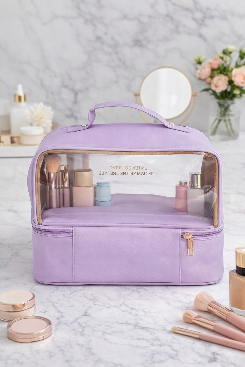 Lavender cosmetic bag with visible contents on a marble surface