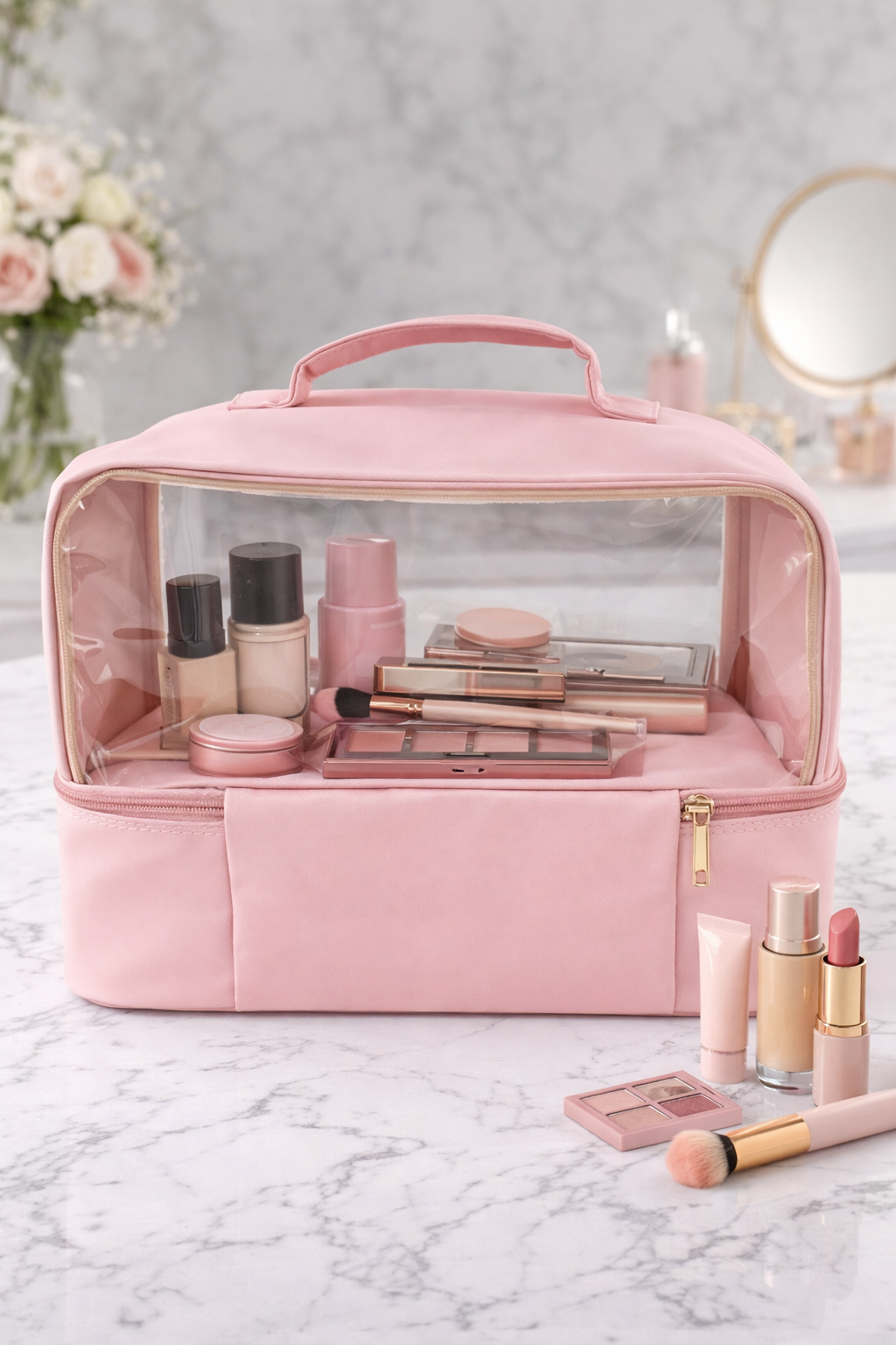 Pink cosmetic bag with makeup items on a marble surface